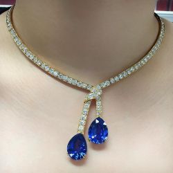 Luxury Golden Pear Cut Blue Sapphire Double Pendant Necklace