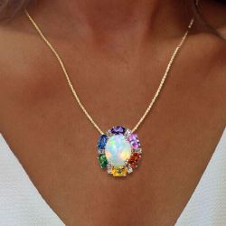 Rainbow Halo Oval Cut Opal Pendant Necklace For Women 