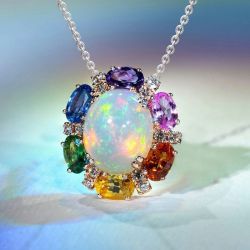 Rainbow Halo Oval Cut Opal Pendant Necklace For Women 