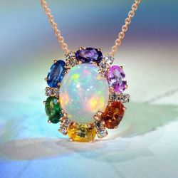 Rainbow Halo Rose Gold Oval Cut Opal Pendant Necklace For Women 