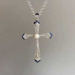 Art Deco Round Cut Pearl & Blue Sapphire Cross Pendant Necklace
