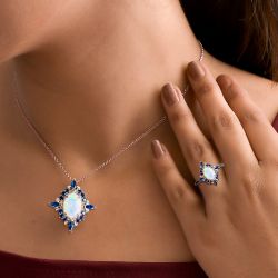 Rose Gold Halo Oval Cut Opal & Blue Sapphire Necklace & Engagement Ring Sets