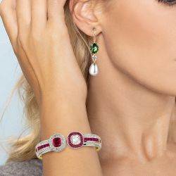 Cushion & Oval Cut Pearl Peridot & Ruby Sapphire Bracelet & Drop Earrings Sets