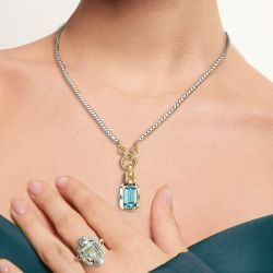 Two Tone Emerald Cut Aquamarine Sapphire Pendant Necklace & Engagement Ring Sets