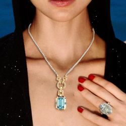 Two Tone Emerald Cut Aquamarine & White Sapphire Pendant Necklace & Engagement Ring Sets