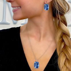 Classic Cushion Cut Blue Sapphire Necklace & Earrings Sets