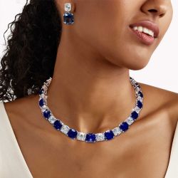 Cushion Cut Blue & White Sapphire Necklace & Earrings Sets