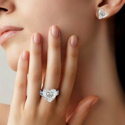 Heart Cut White Sapphire Stud Earrings & Engagement Ring Sets For Women