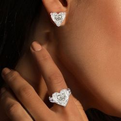 Heart Cut White Sapphire Stud Earrings & Engagement Ring Sets For Women
