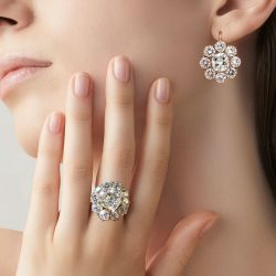 Golden Halo Cushion & Round Cut White Sapphire Ring & Earrings Sets