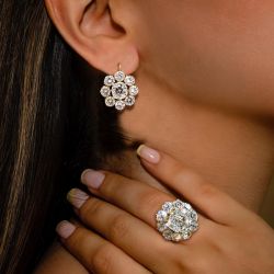 Golden Halo Cushion & Round Cut White Sapphire Ring & Earrings Sets