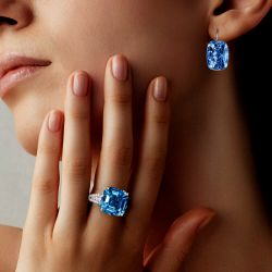 Luxury Asscher & Cushion Cut Blue Sapphire Engagement Ring & Earrings Sets