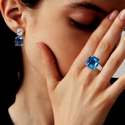 Luxury Asscher & Cushion Cut Blue Engagement Ring & Earrings Sets For Women