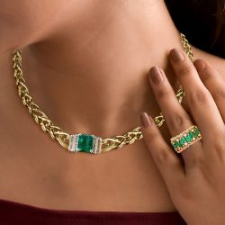 Golden Emerald & Baguette Cut Emerald Sapphire Ring & Necklace Jewelry Sets