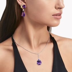 Pear Cut Amethyst & White Sapphire Pendant Necklace & Drop Earrings Sets