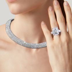 Emerald Cut White Sapphire Three Stone Engagement Ring & Pave Necklace Jewelry Sets