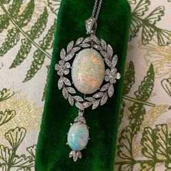 Vintage Milgrain Wreath Design Oval Cut Opal Pendant Necklace