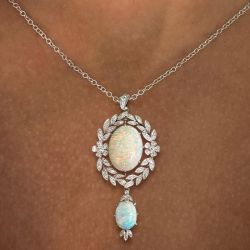 Vintage Milgrain Wreath Design Oval Cut Opal Pendant Necklace