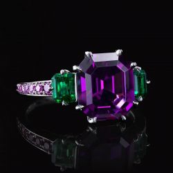 Three Stone Emerald Cut Amethyst Sapphire Engagement Ring