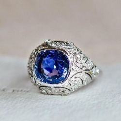 Vintage Milgrain cornflower Design Cushion Blue Engagement Ring