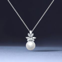 Round Cut Pearl & White Sapphire Pendant Necklace