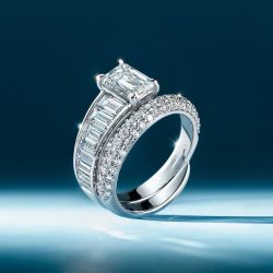Unique Emerald & Baguette Cut White Sapphire Wedding Band