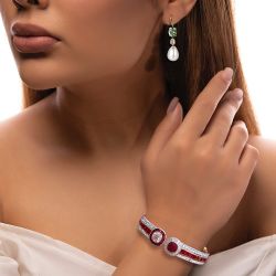 Cushion & Oval Cut Pearl Peridot & Ruby Sapphire Bracelet & Drop Earrings Sets