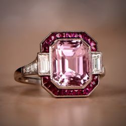 Ruby Halo Mligrain Emerald Cut Pink Sapphire Engagement Ring