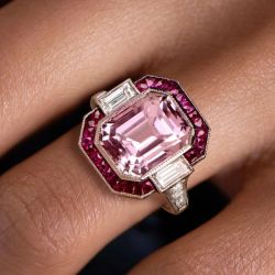 Ruby Halo Mligrain Emerald Cut Pink Sapphire Engagement Ring
