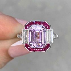 Ruby Halo Mligrain Emerald Cut Pink Sapphire Engagement Ring