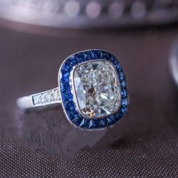 Blue Halo Milgrain Cushion Cut White Sapphire Engagement Ring