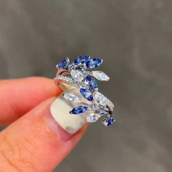 Unique Vines Design Marquise Cut Blue & White Sapphire Ring For Women