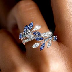 Unique Vines Design Marquise Cut Blue Sapphire Ring For Women