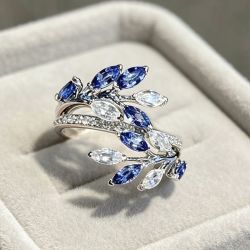 Unique Vines Design Marquise Cut Blue Sapphire Ring For Women
