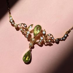 Golden Pear Cut Peridot Sapphire Pendant Necklace Vintage Necklace