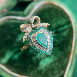 Golden Art Deco Pear Cut Emerald & White Sapphire Engagement Ring For Women