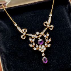 Golden Bezel Design Oval & Round Cut Amethyst & White Sapphire Pendant Necklace