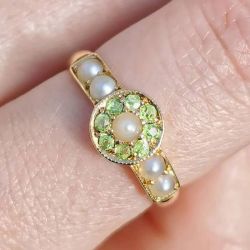 Golden Peridot Halo Round Cut Pearl Engagement Ring