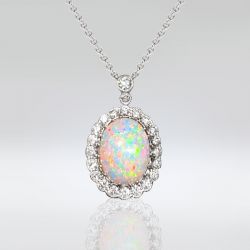 Elegant Milgrain Halo Oval Cut Opal Pendant Necklace