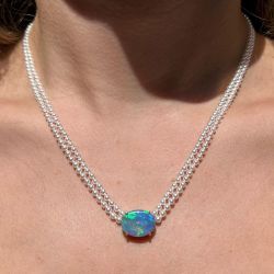 Golden Oval Cut Opal & Pearl Double Chain Necklace