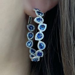 Halo Pear Cut Blue Sapphire Silver Hoop Earrings