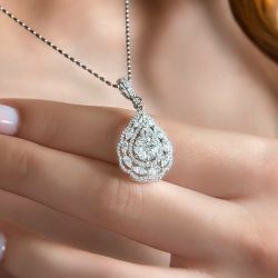 Elegant Triple Halo Pear Cut White Sapphire Pendant Necklace