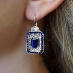 Blue Halo Emerald Cut Blue Sapphire Silver Drop Earrings