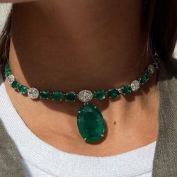 Luxury Oval Cut Emerald & White Sapphire Pendant Necklace For Women