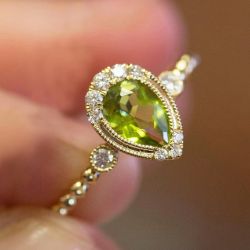 Golden Milgrain Pear Cut Peridot Sapphire Engagement Ring For Women
