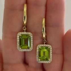 Golden White Halo Emerald Cut Peridot Sapphire Drop Earrings For Women