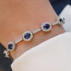 Elegant White Halo Oval Cut Blue Sapphire Bracelet For Wome