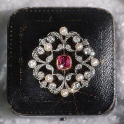 Vintage Cushion Cut Ruby Sapphire & Pearl Brooch For Women