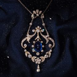 Two Tone Oval Cut White & Blue Sapphire Pendant Necklace For Women