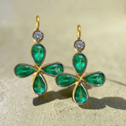 Two Tone Milgrain Pear Cut Emerald Sapphire Four-leaf Clover Drop Earrings